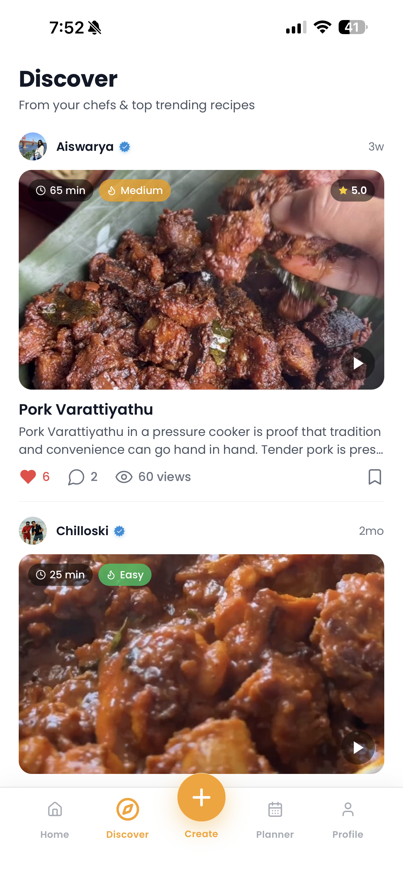 Mageiro discover feed showing recipes from chefs with ratings, likes and comments