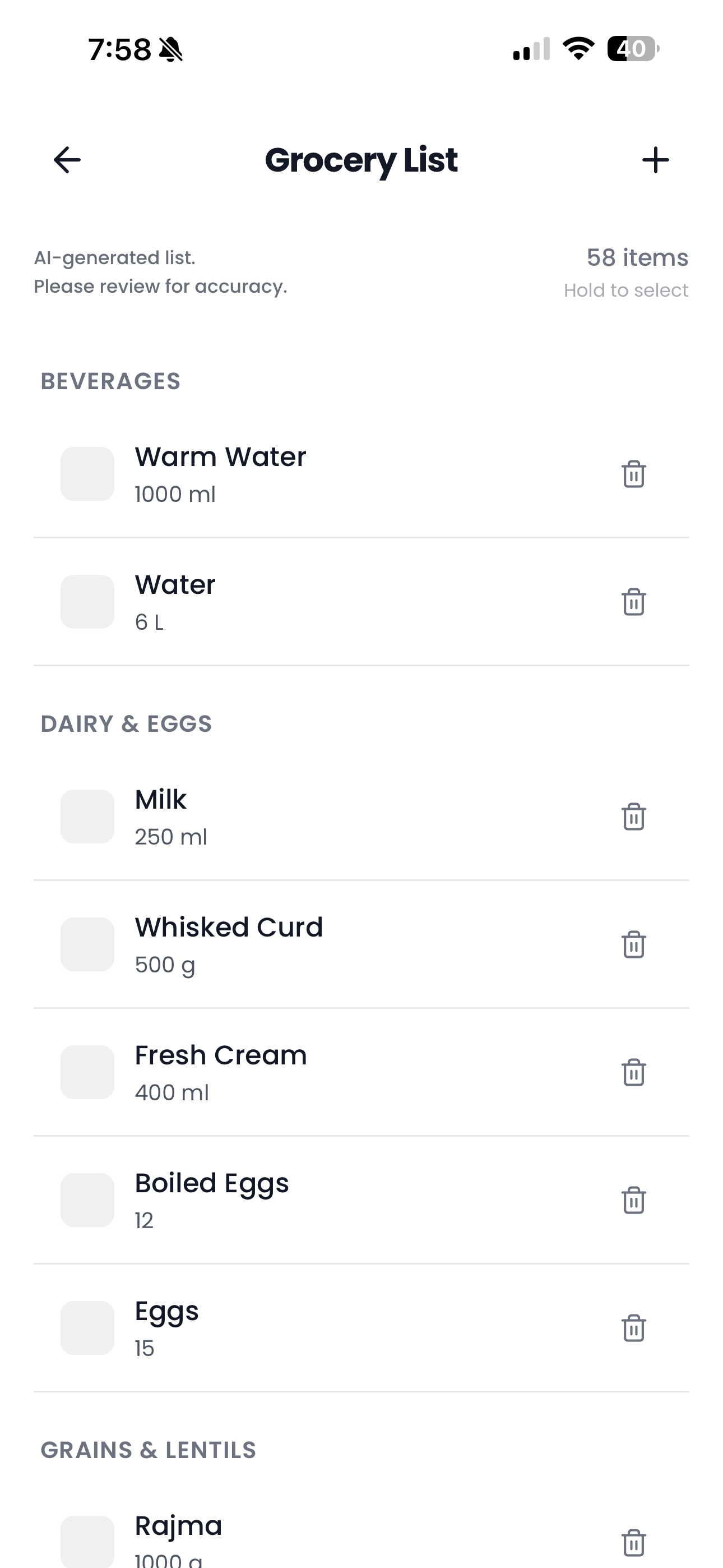 Mageiro grocery list with AI-categorized ingredients — beverages, dairy, grains